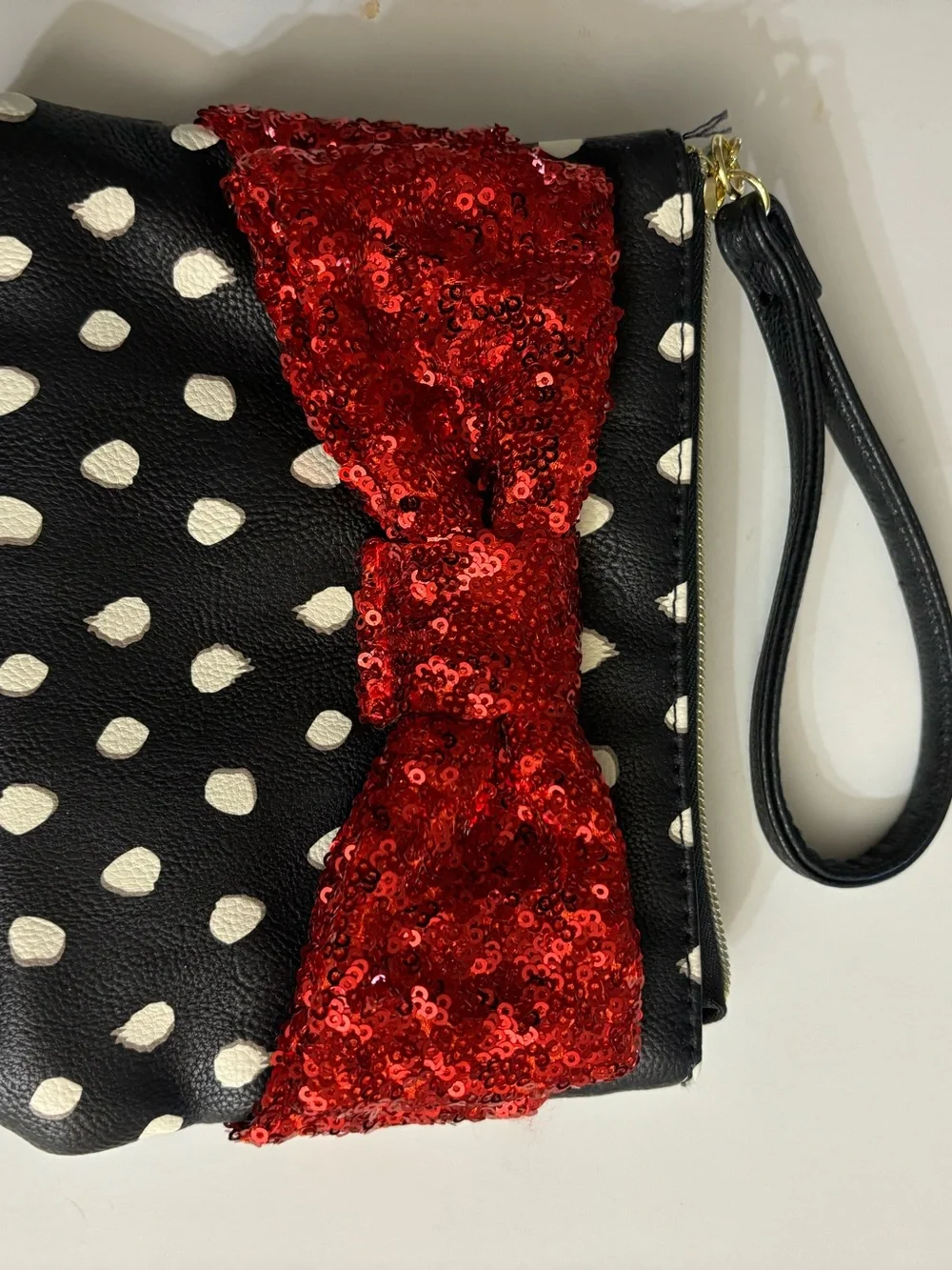 Betsey Johnson Black and White Polka Dot Wristlet with Red Sequined Bow NWOT